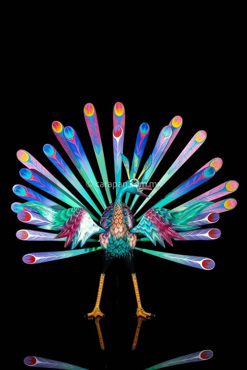Peacock Wood Carving Sculpture Hand Crafted by Mexican Artisans