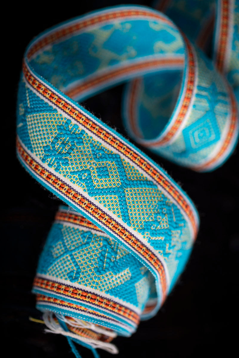 Fine Mexican Indigenous Belt Backstrap Loomed Turquoise tones with indigenous Zapotec symbols