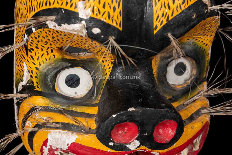 Vintage Jaguar Tecuani Mask decorated with black strokes over yellow and boar hair appliqués It has two fangs, one broken and shows use scratches