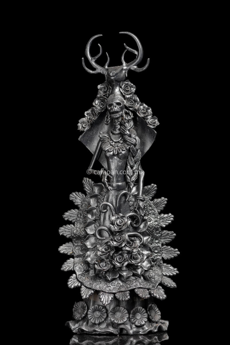 Day of the dead Sculpture Black Catrina  with deer head dress and pastillage flowers on her skirt