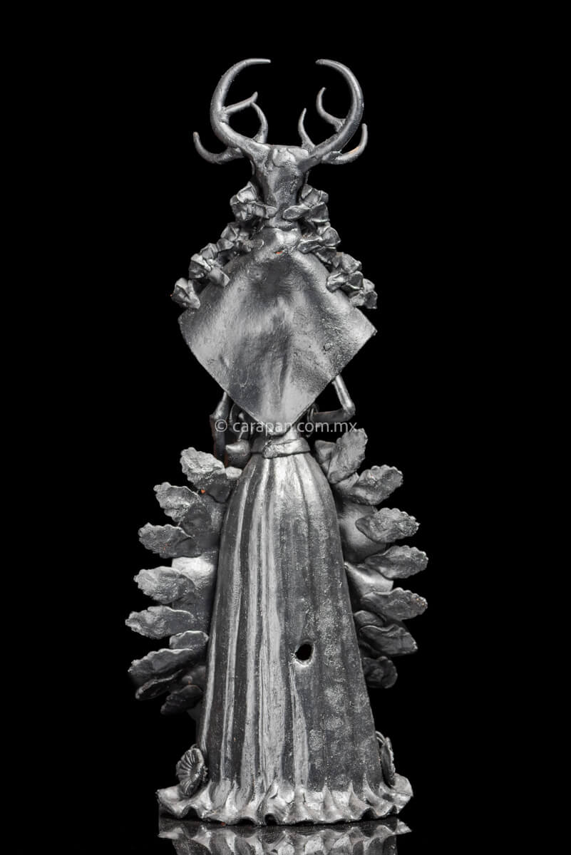 Day of the dead Sculpture Black Catrina  with deer head dress and pastillage flowers on her skirt back