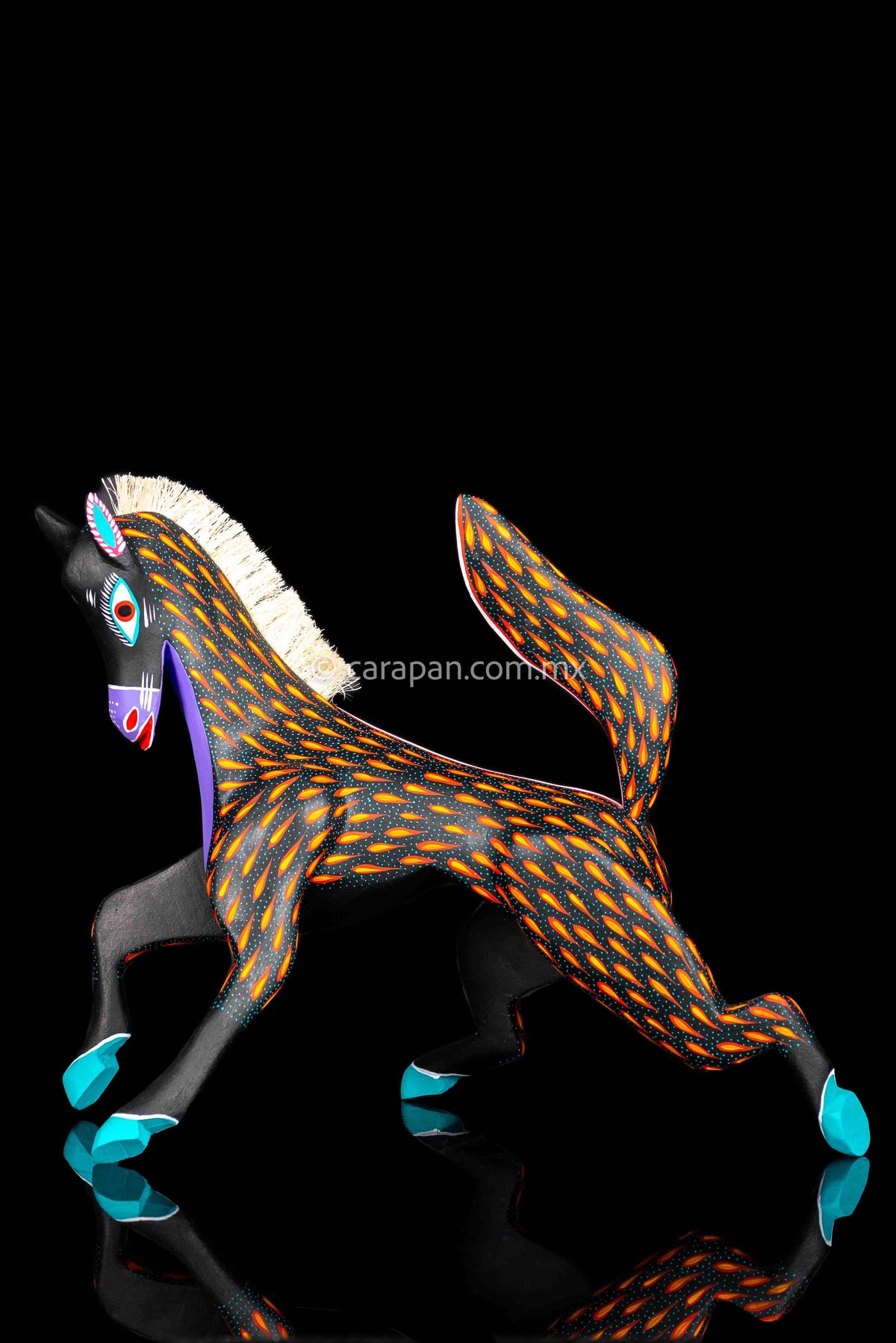 Black Horse Mexican Wood Carving Alebrije hand painted in red with orange strokes