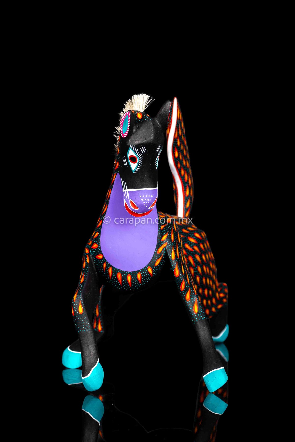 Black Horse Mexican Wood Carving Alebrije hand painted in red with orange strokes