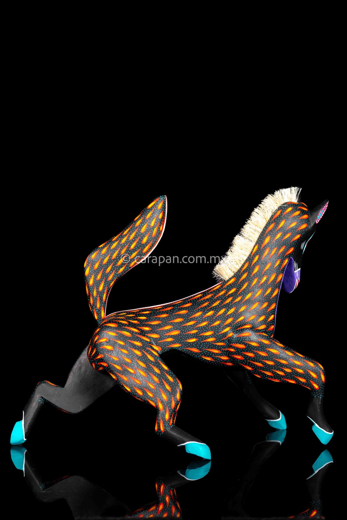 Black Horse Mexican Wood Carving Alebrije hand painted in red with orange strokes