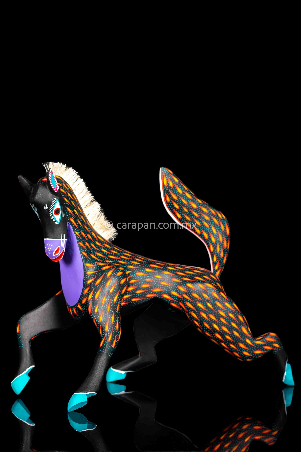 Black Horse Mexican Wood Carving Alebrije hand painted in red with orange strokes