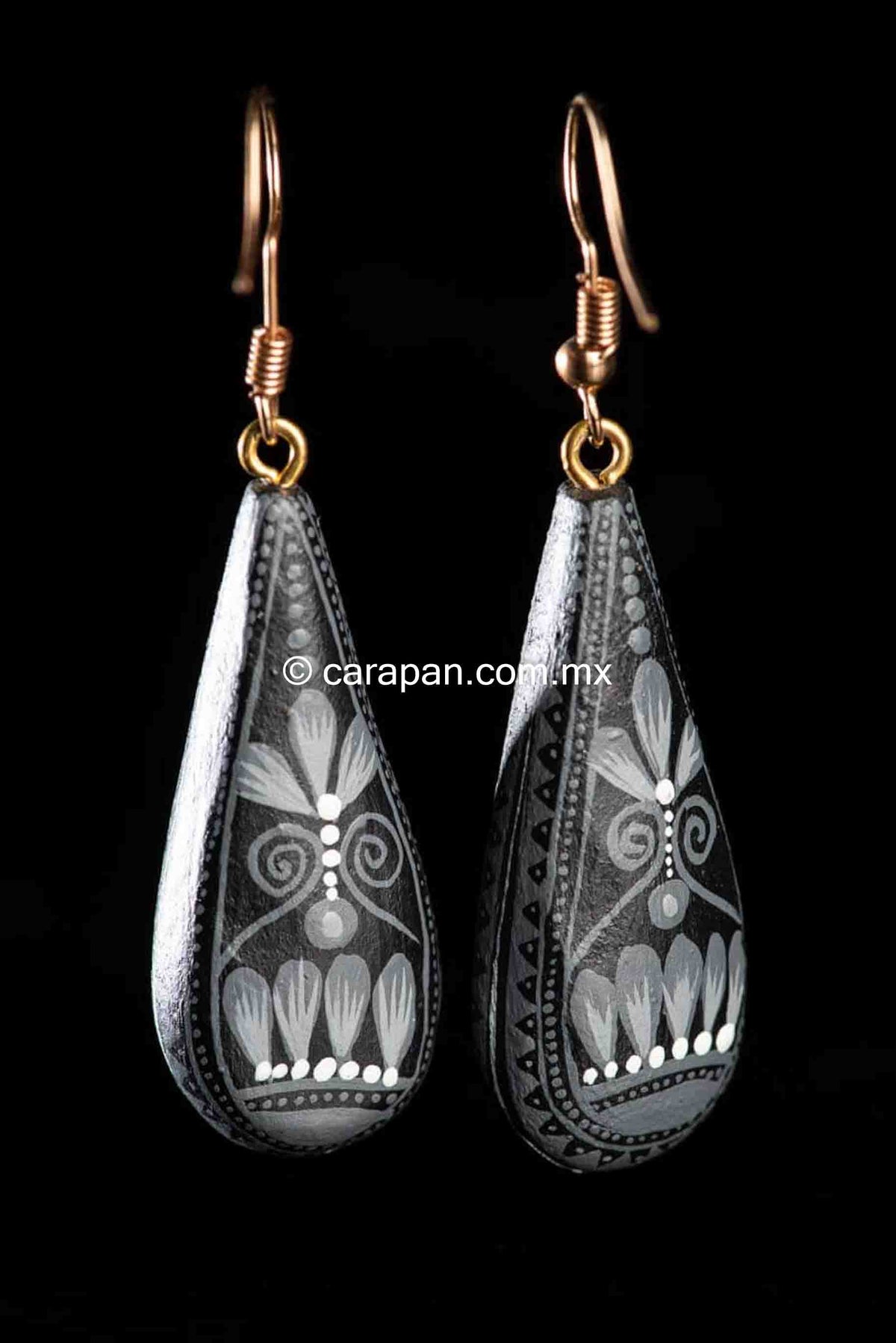 Mexican Earrings Alebrije Style Drop Shaped, Black & White