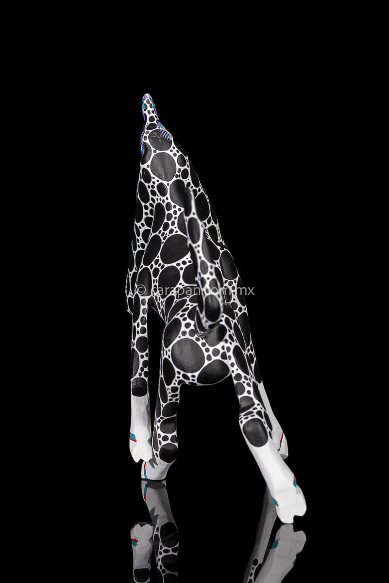 Mexican Wood Carving Alebrije Walking Dog in White with black dots