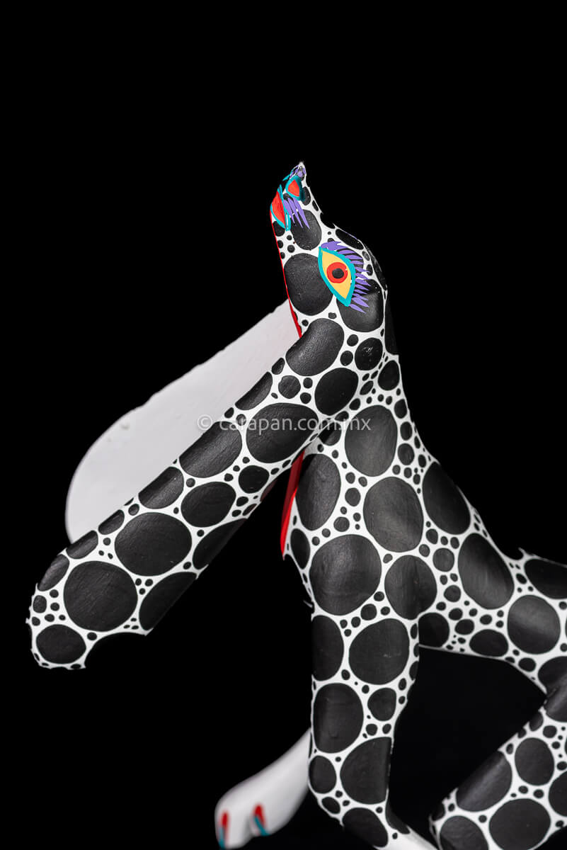 Mexican Wood Carving Alebrije Walking Dog in White with black dots