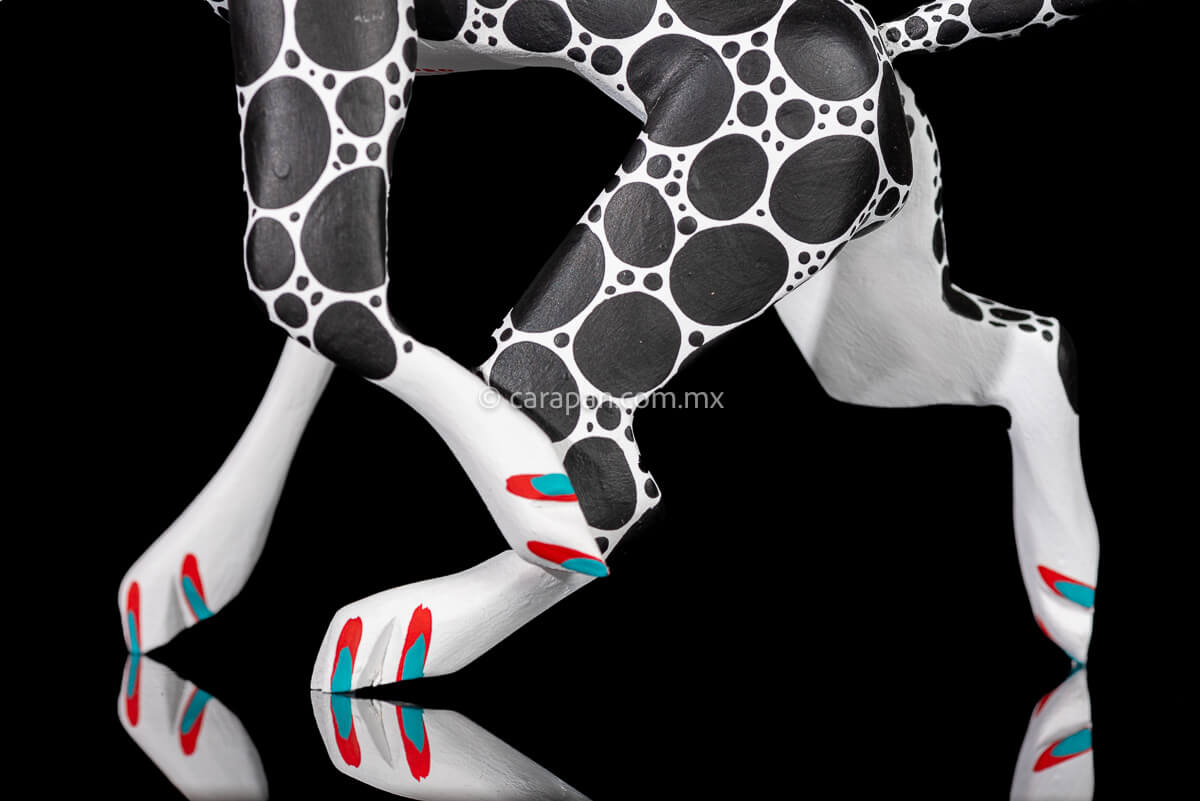 Mexican Wood Carving Alebrije Walking Dog in White with black dots