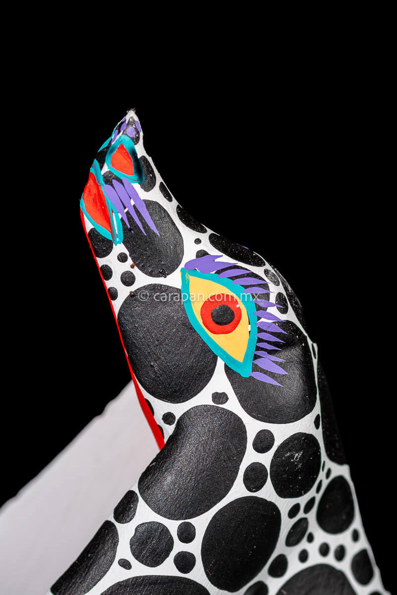Mexican Wood Carving Alebrije Walking Dog in White with black dots