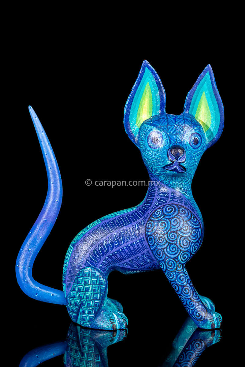 Dog Sculpture Mexican Wood Carving Hand crafted in Oaxaca & decorated with indigenous Zapotec symbols in blue