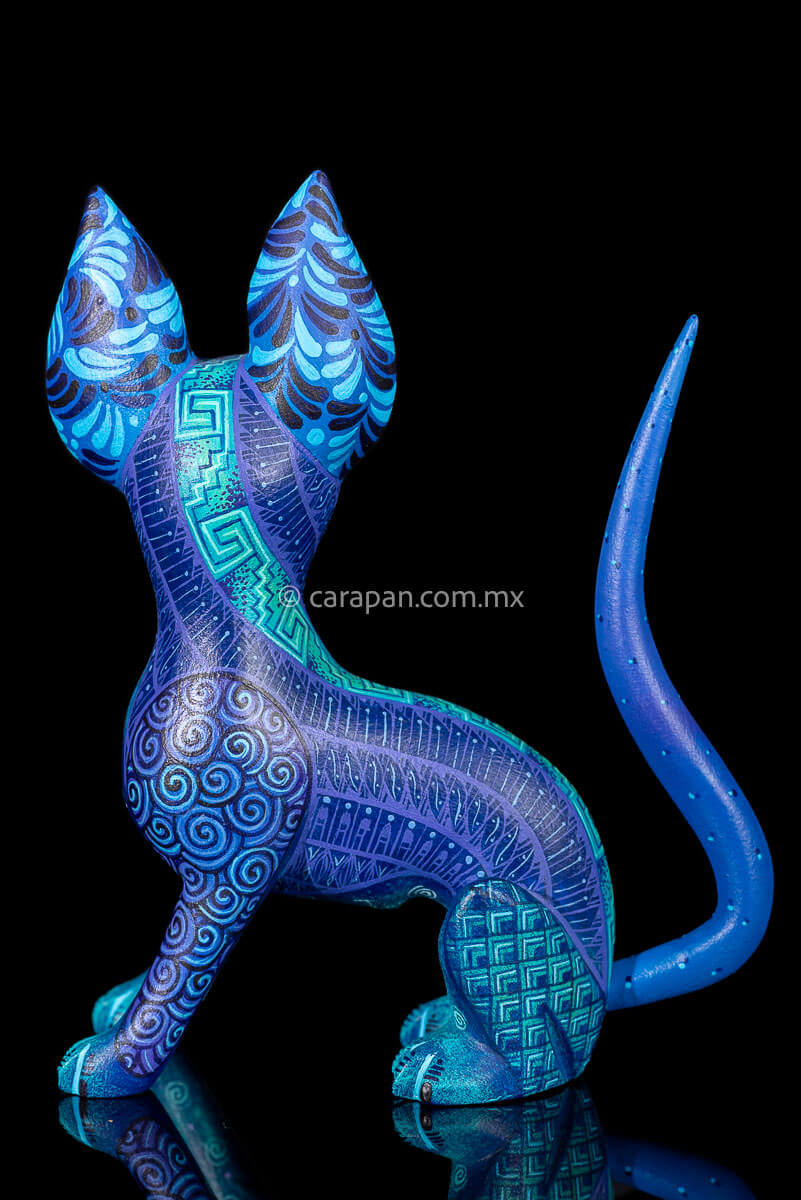 Dog Sculpture Mexican Wood Carving Hand crafted in Oaxaca & decorated with indigenous Zapotec symbols in blue
