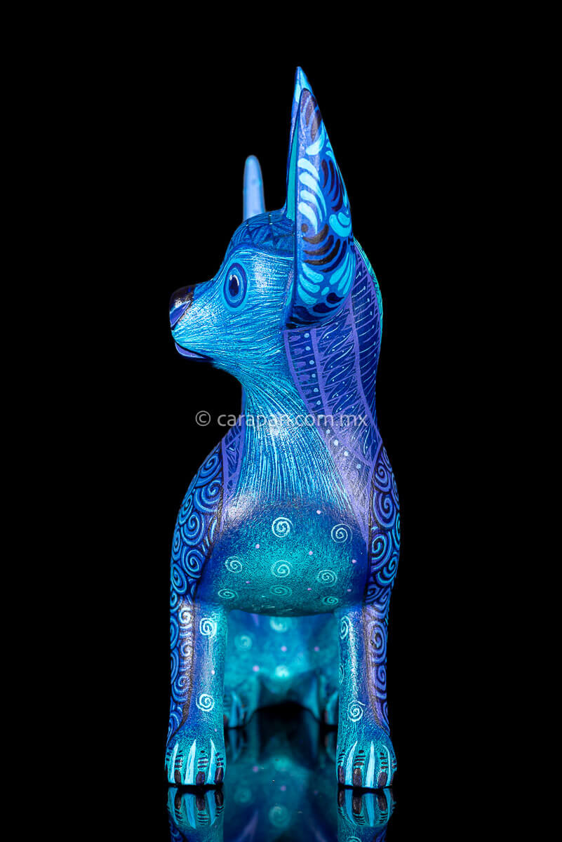 Dog Sculpture Mexican Wood Carving Hand crafted in Oaxaca & decorated with indigenous Zapotec symbols in blue