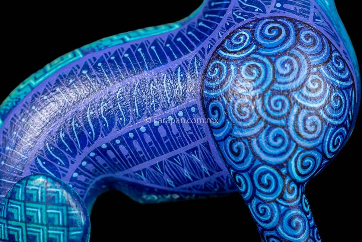 Dog Sculpture Mexican Wood Carving Hand crafted in Oaxaca & decorated with indigenous Zapotec symbols in blue