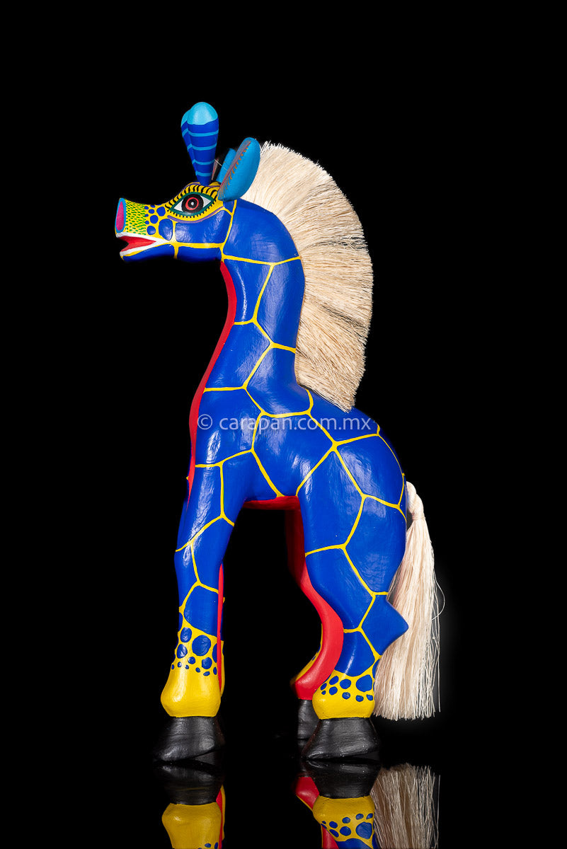 Blue & Yellow Giraffe Wood Carving