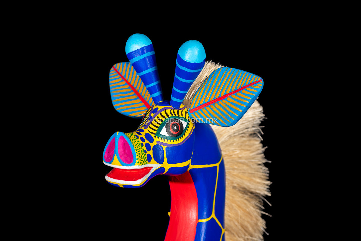 Blue & Yellow Giraffe Alebrije Wood Carving  face