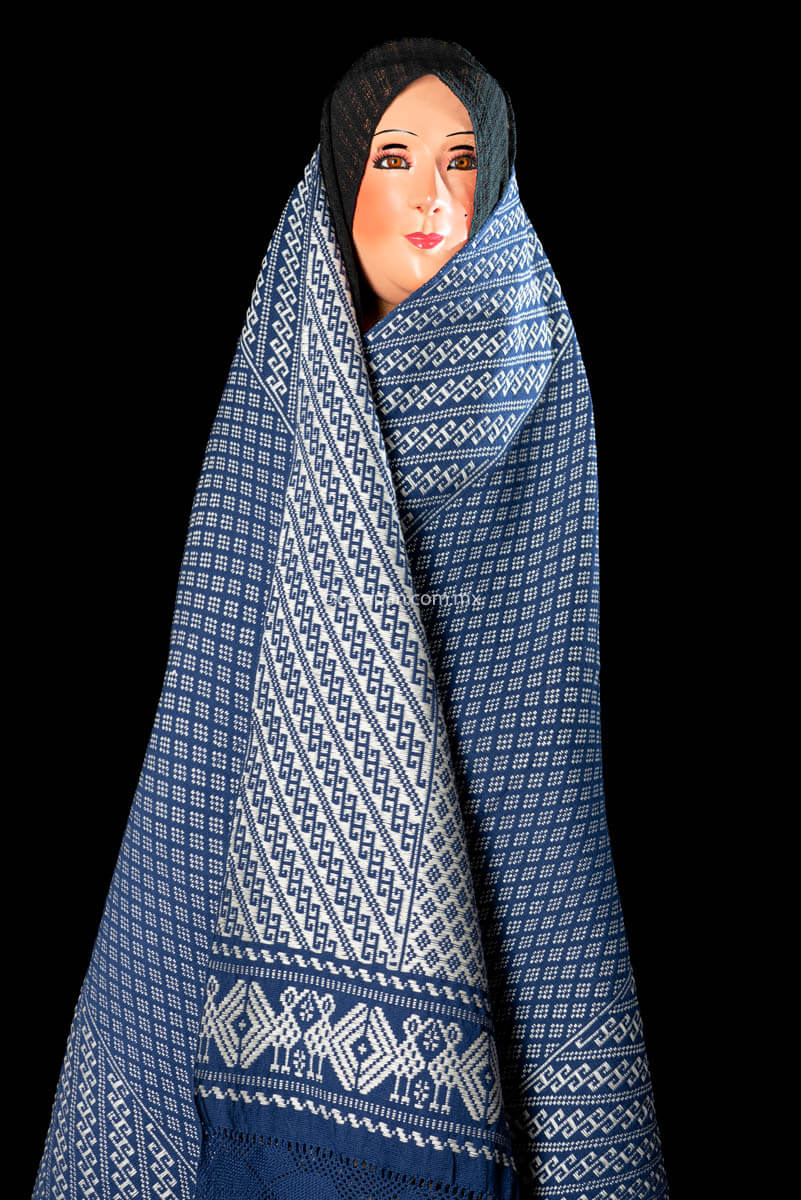Purepecha Indigenous Textile Backstrap Loomed with mesmerizing patterns in blue and white. One side white dominates over blue. The other side blue dominates over white.