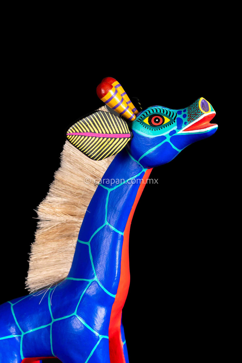 Face of Blue Jiraffe Oaxacan Wooden Sculpture Alebrije