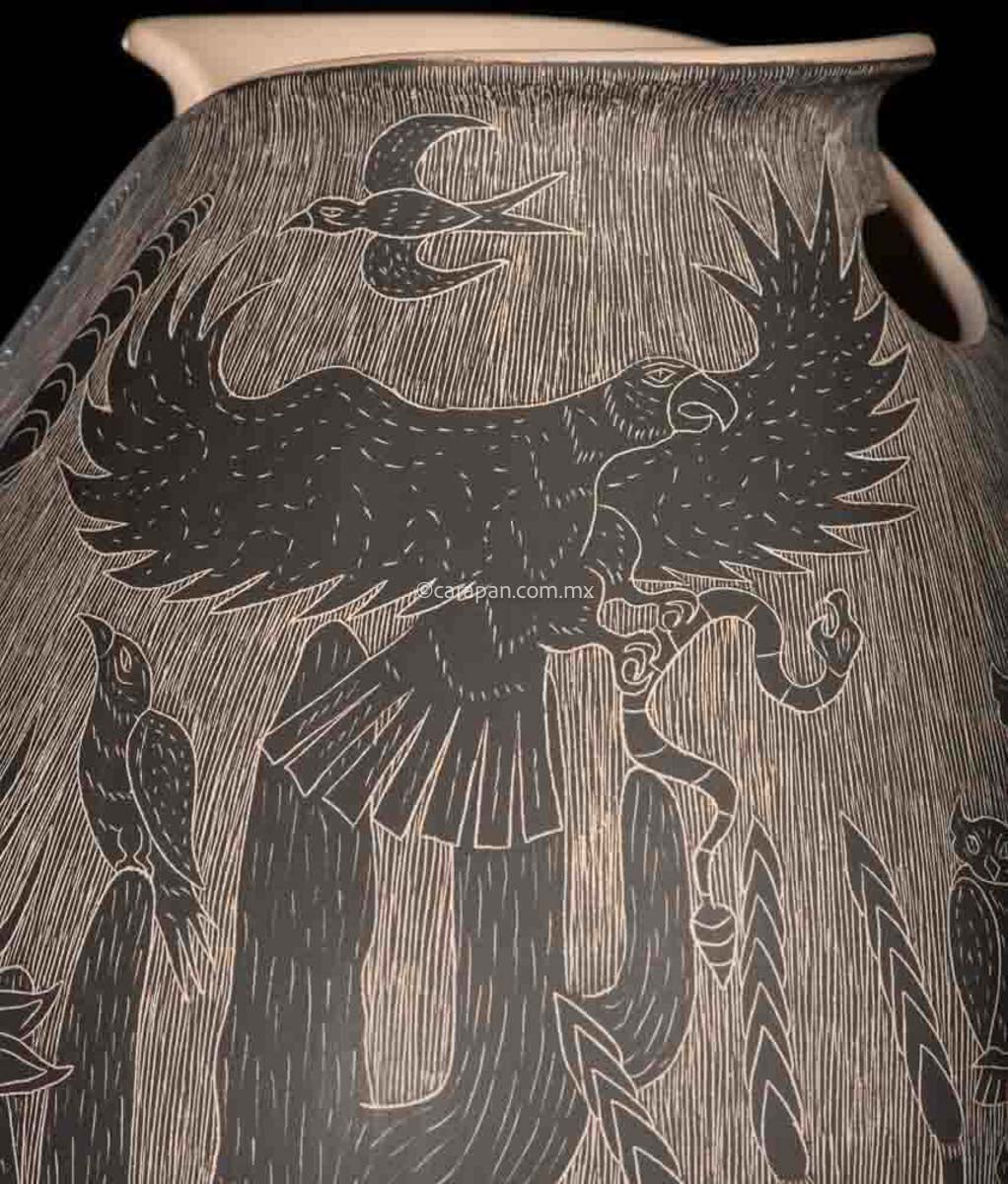 Mata Ortiz Ceramic Pot with Mexican emblem and desert and mountain animals in black over beige crafted with sgraffito technique.