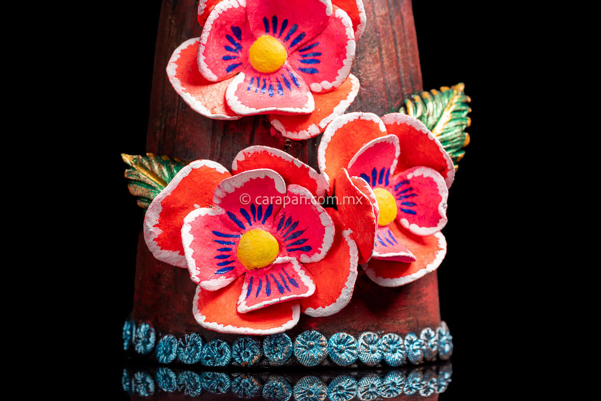 Mexican Clay catrina with parrots and flowers head dress inspired by frida kahlo's style dress with pastillage flowers in pink