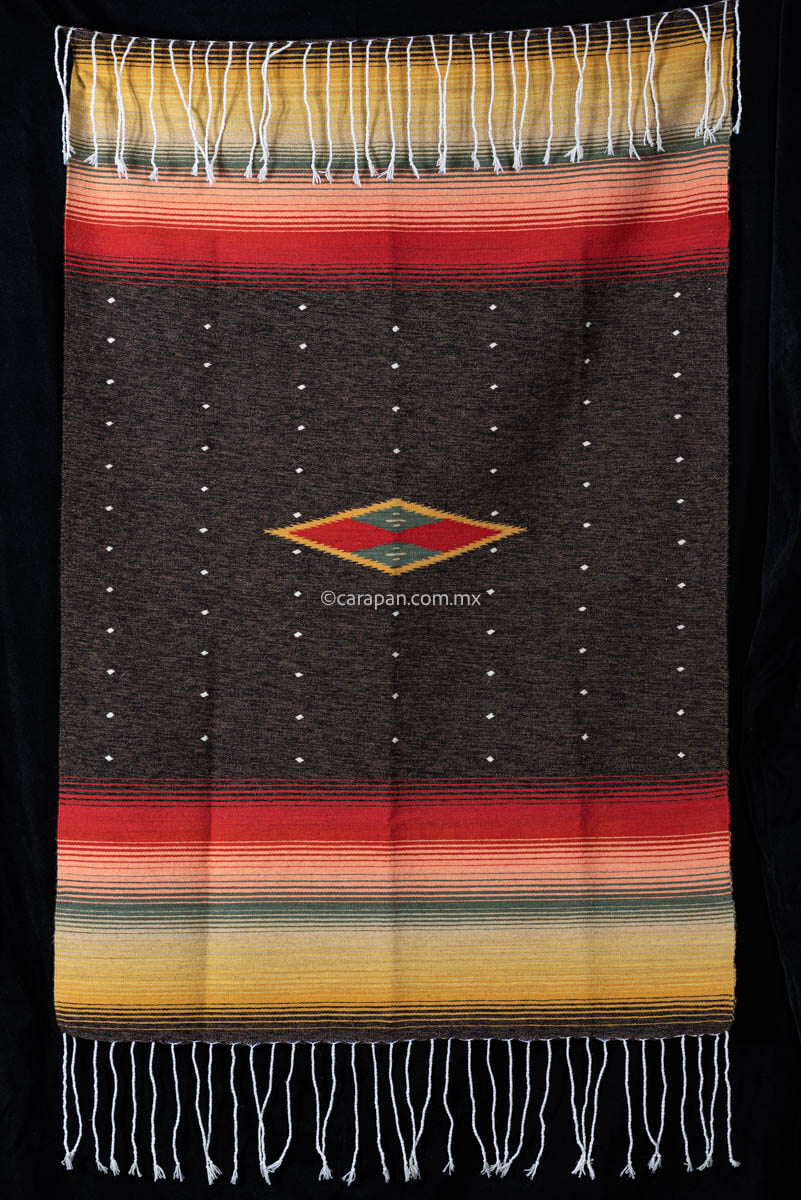 Authentic Mexican Sarape  with diamond in yellow, green and red at center  and faded color stripes  at edges Pedal Loomed 
