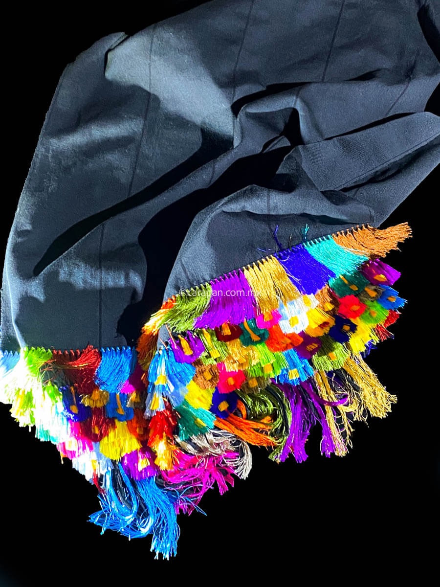 Fine indigenous textile backstrap loomed. Black  cotton Shawl (rebozo) with black over black stripes and  multi colored rayon fringe