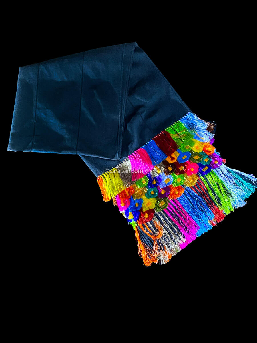 Fine indigenous textile backstrap loomed. Black  cotton Shawl (rebozo) with black over black stripes and  multi colored rayon fringe