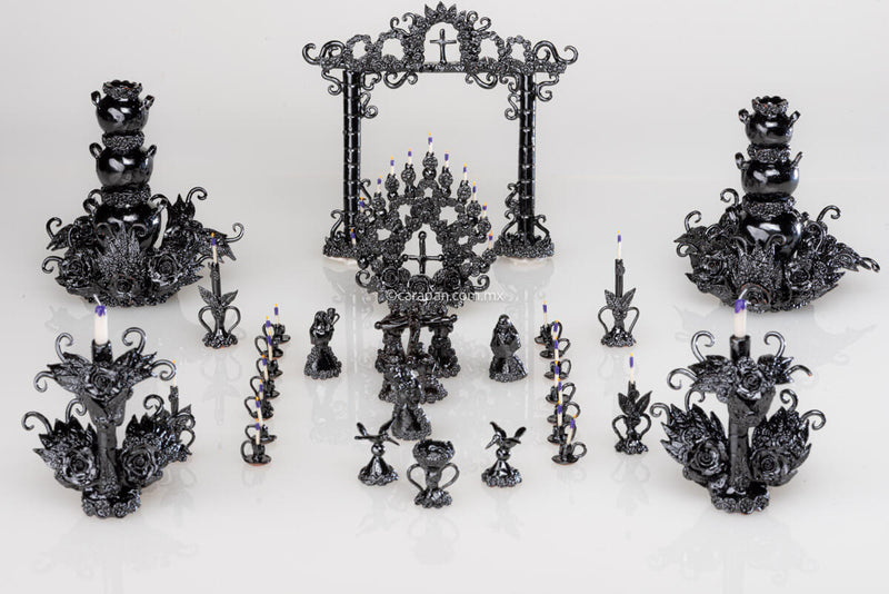 Set of Miniature glazed clay candelabra and via crucis