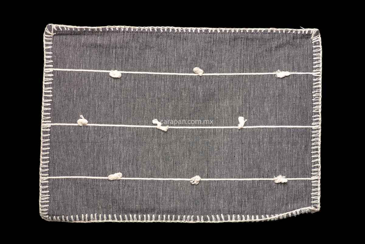Set of 2 rectangular gray cushion covers in gray over beige jaspe and three beige horizontal stripes. Pedal loomed in Oaxaca