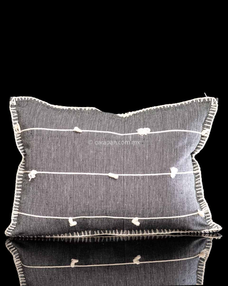 Set of 2 rectangular gray cushion covers in gray over beige jaspe and three beige horizontal stripes. Pedal loomed in Oaxaca