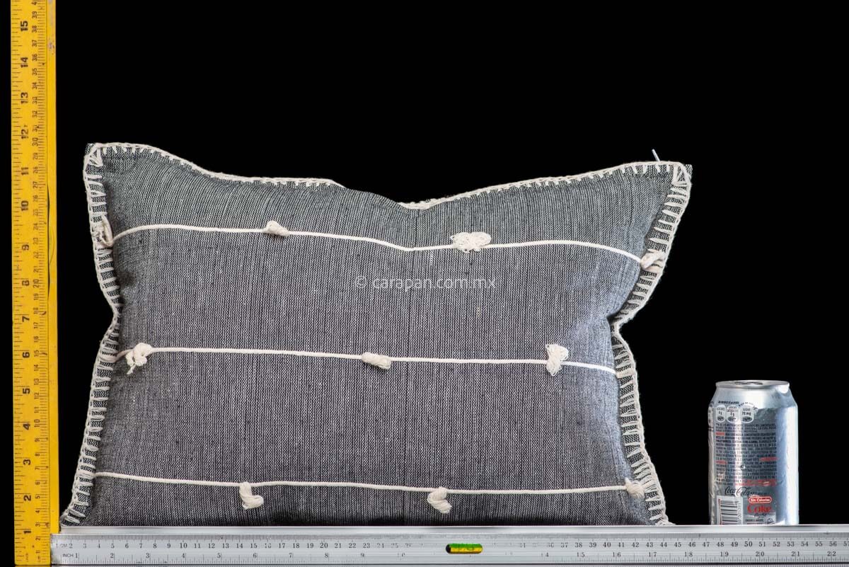 Set of 2 rectangular gray cushion covers in gray over beige jaspe and three beige horizontal stripes. Pedal loomed in Oaxaca  rulers