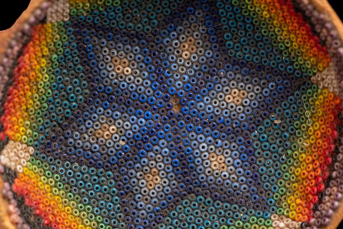 Small Vintage Beaded Huichol Gourd Blue Star