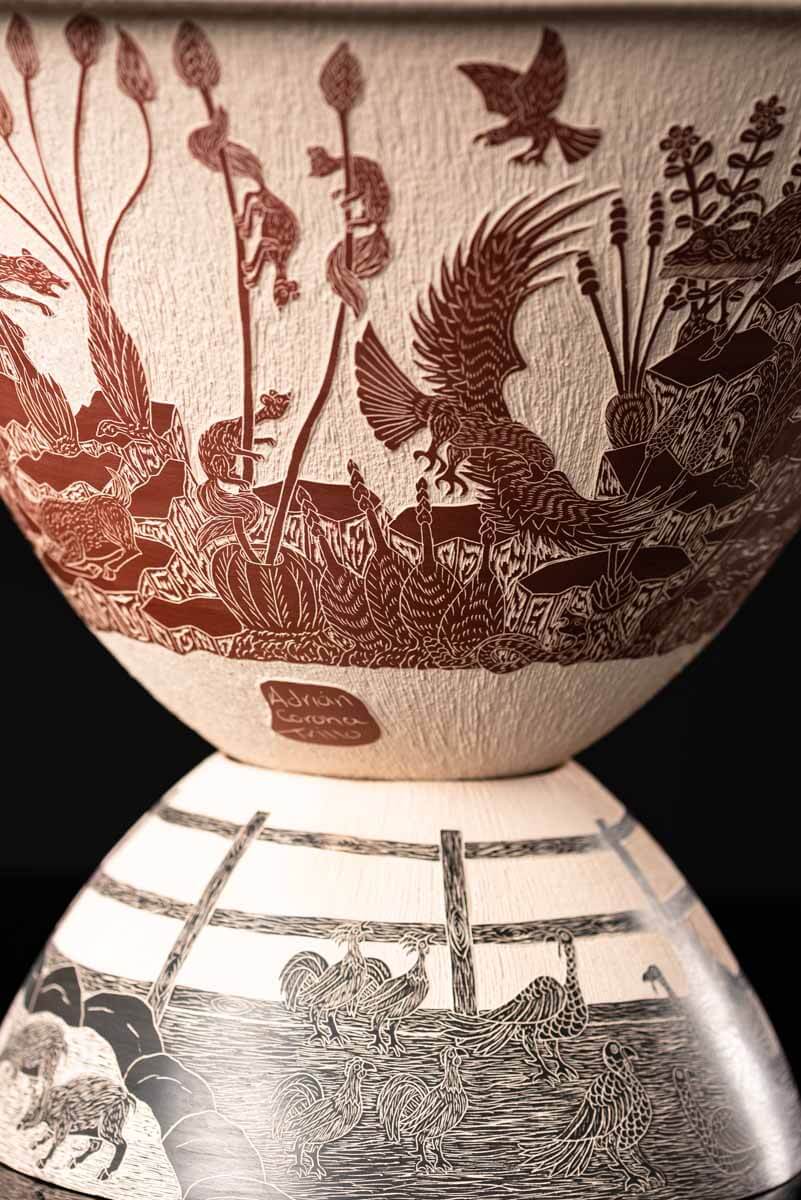 Mata Ortiz pot conic shape decorated with Mexican semi desert & Mountain creatures such as eagles, deer, rams, bats, owls, turkeys, squirrels and bears. The outside of the pot is decorated in brown over beige and the inside in black over beige. The base is also decorated in black over beige with sgraffito technique