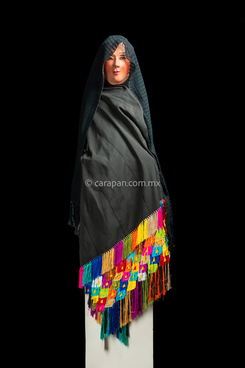 Fine indigenous textile backstrap loomed. Black  cotton Shawl (rebozo) with black over black stripes and  multi colored rayon fringe