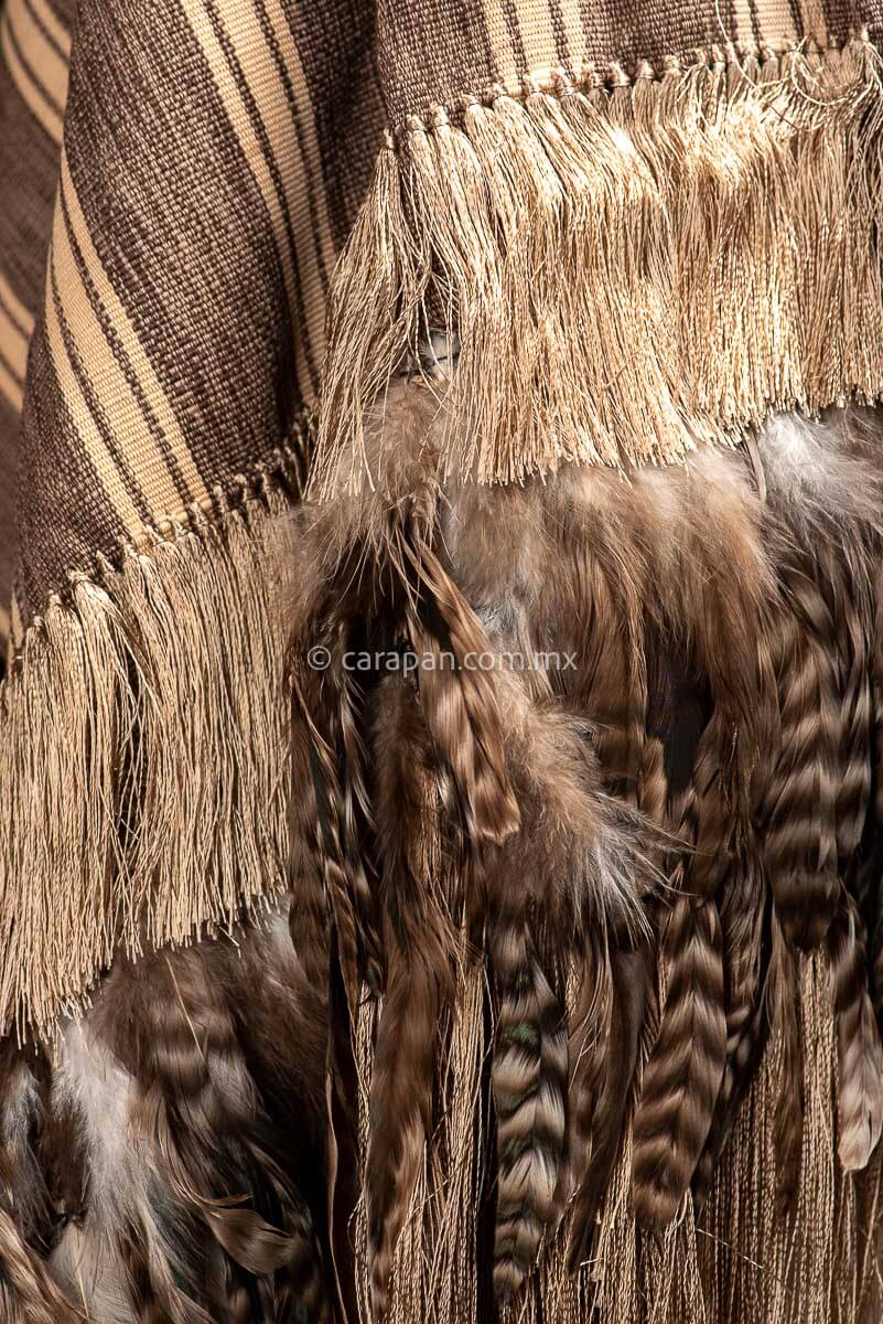 Detail of Mexican Indigenous Textile in beige with brown stripes and feathers.