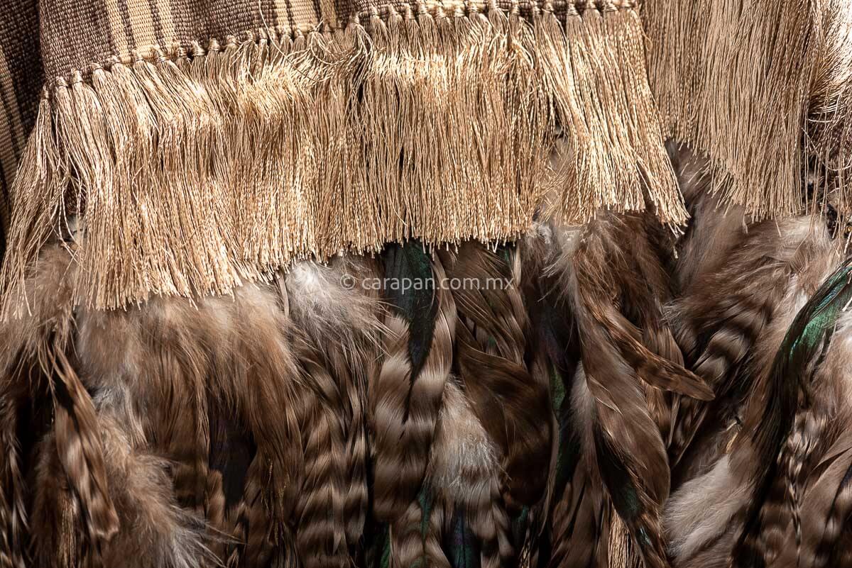 Detail of Mexican Indigenous Textile in beige with brown stripes and feathers.