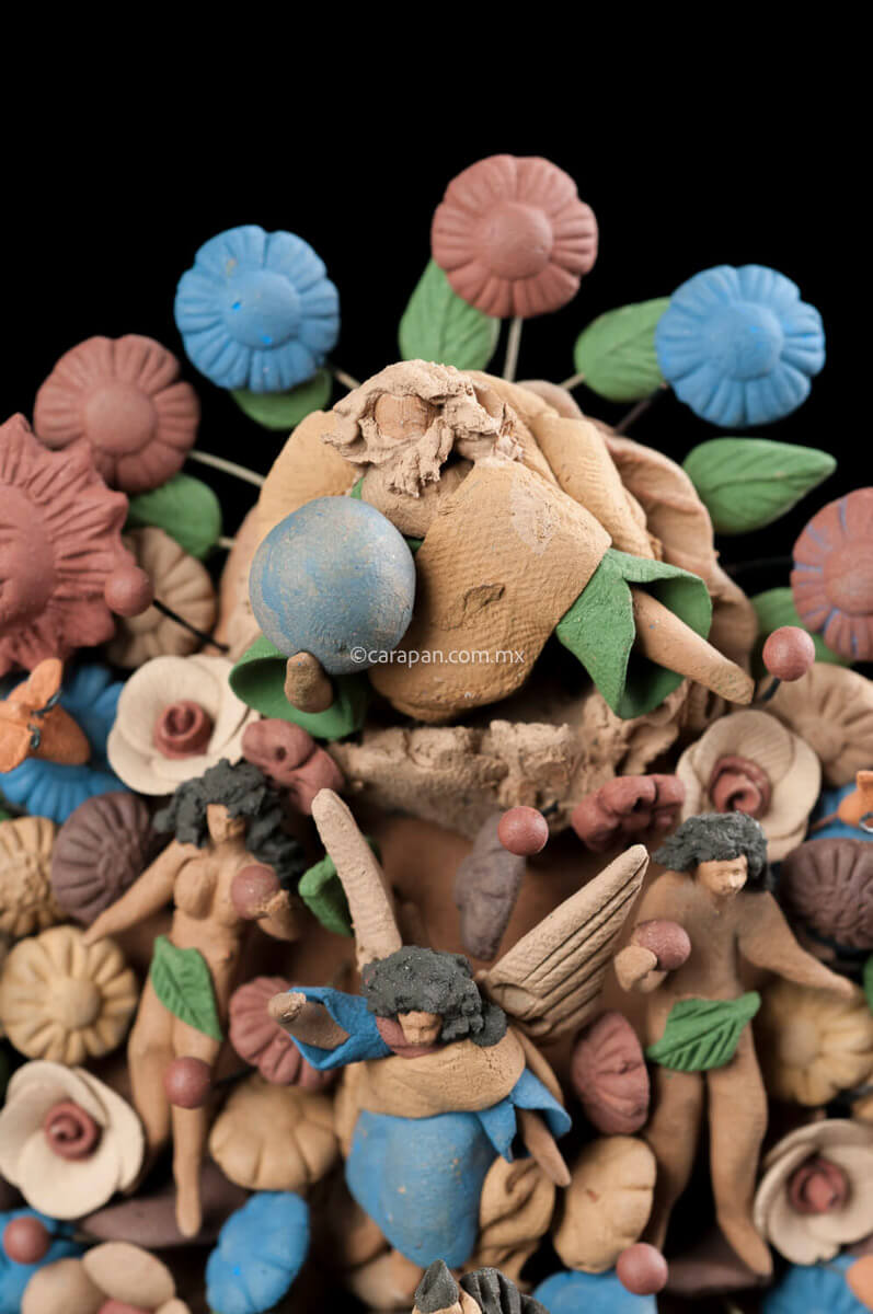 Miniature Tree of life with Adam & Eve at. the garden of Eden. St Michael Archangel stands between them and God father at the top. At the bottom left is an elephant and at the bottom right a giraffe. The colors are earthy natural pigments taken from soils. Crafted in Metepec. top