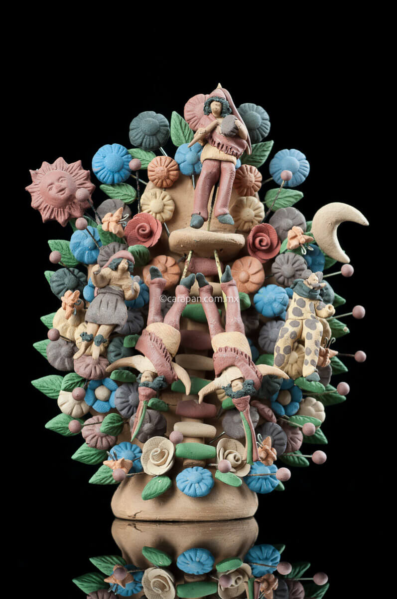Miniature tree of life with Mexican dances theme depicting 3 voladores de papantla with jaguar and deer dance Decorated with natural pigments in earthy tones