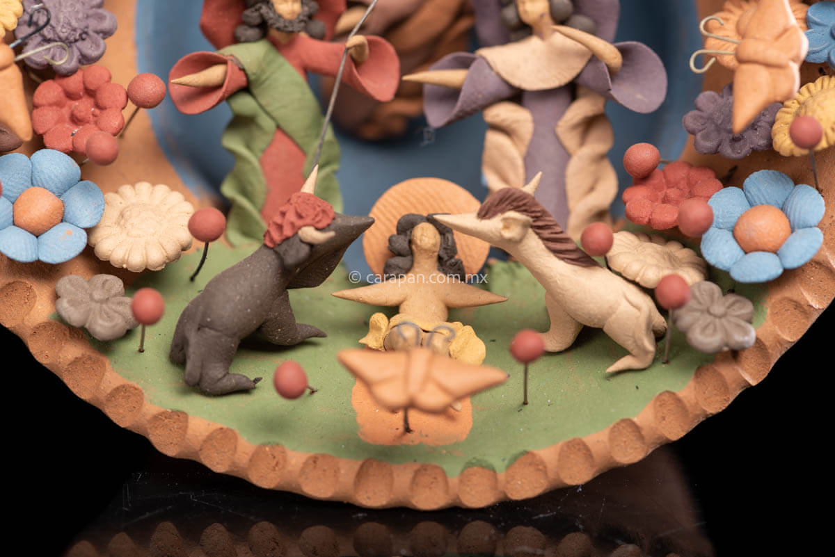 Miniature Nativity Set of Holly Family with St. Gabriel Archangel surrounded by butterflies & Flowers.