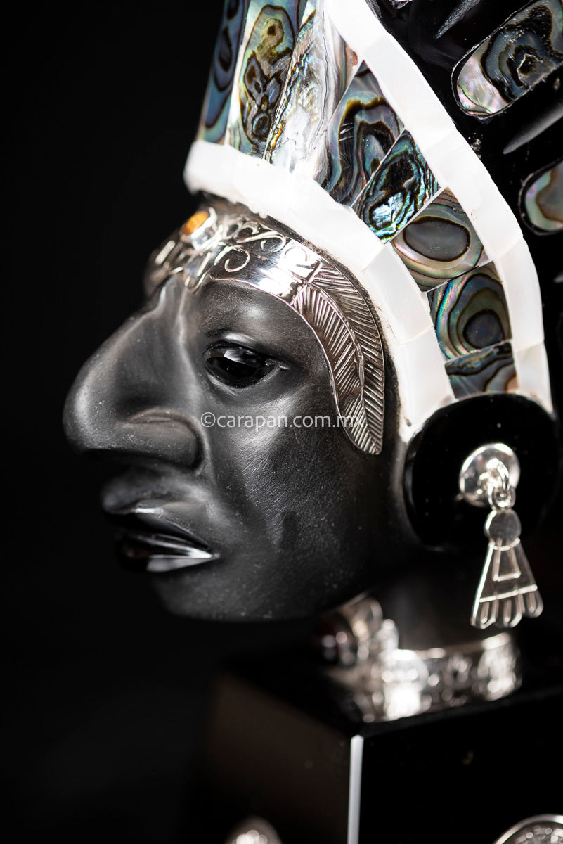 Obsidian Sculpture of Aztec Emperor with Silver & Nacre