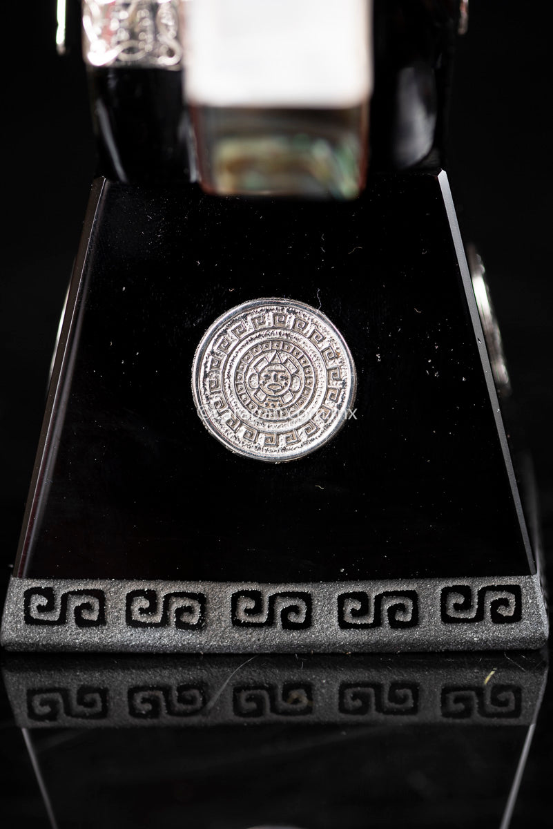 Obsidian Sculpture of Aztec Emperor with Silver & Nacre