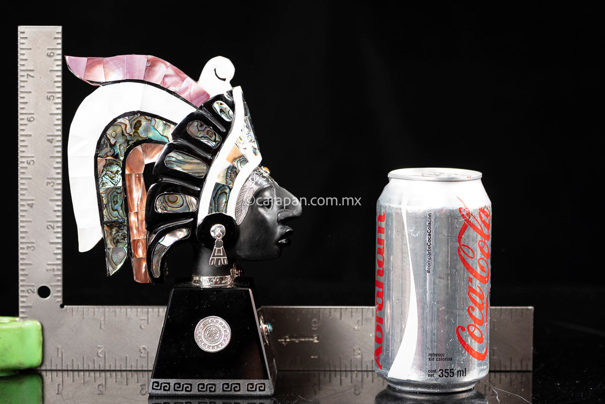 Obsidian Sculpture of Aztec Emperor with Silver & Nacre