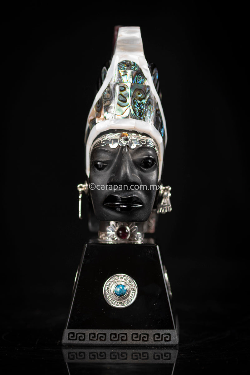 Obsidian Sculpture of Aztec Emperor with Silver & Nacre