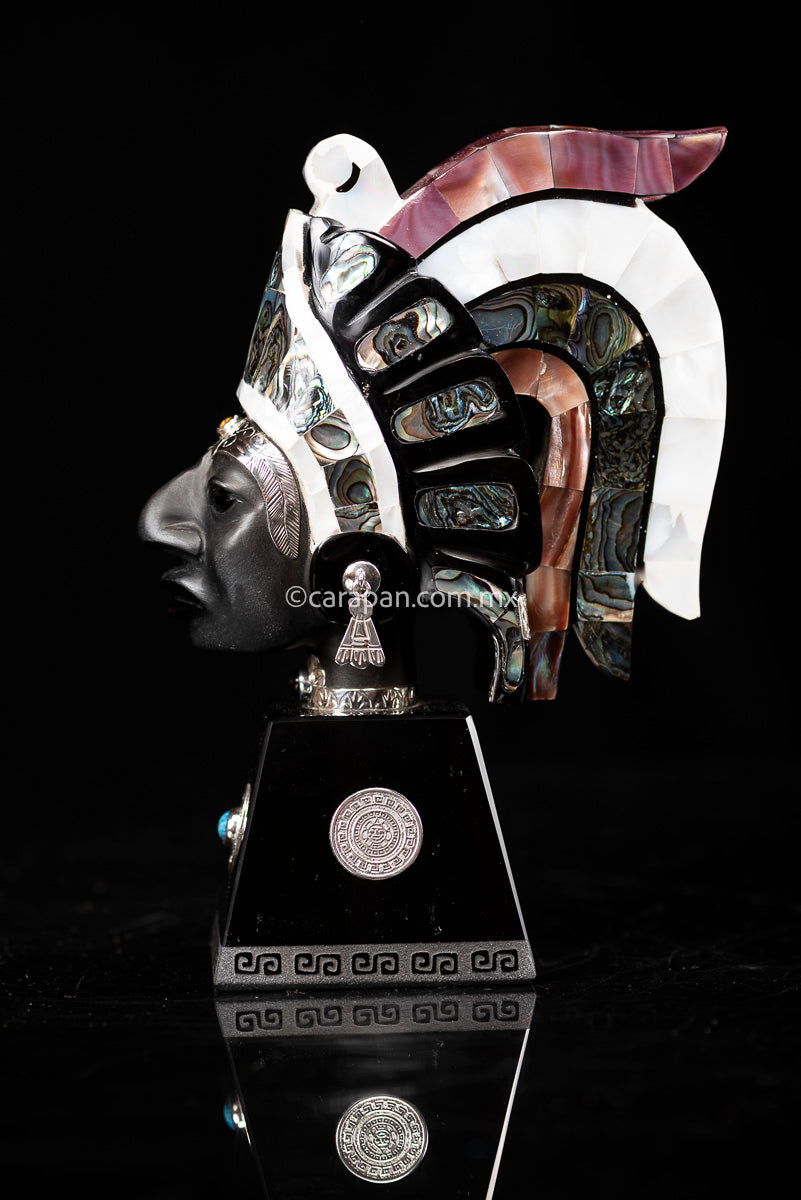 Obsidian Sculpture of Aztec Emperor with Silver & Nacre