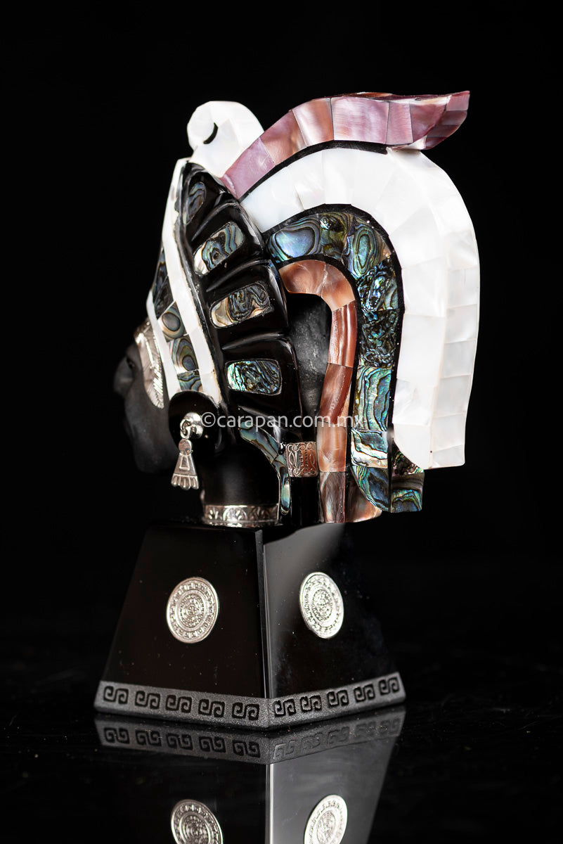 Obsidian Sculpture of Aztec Emperor with Silver & Nacre