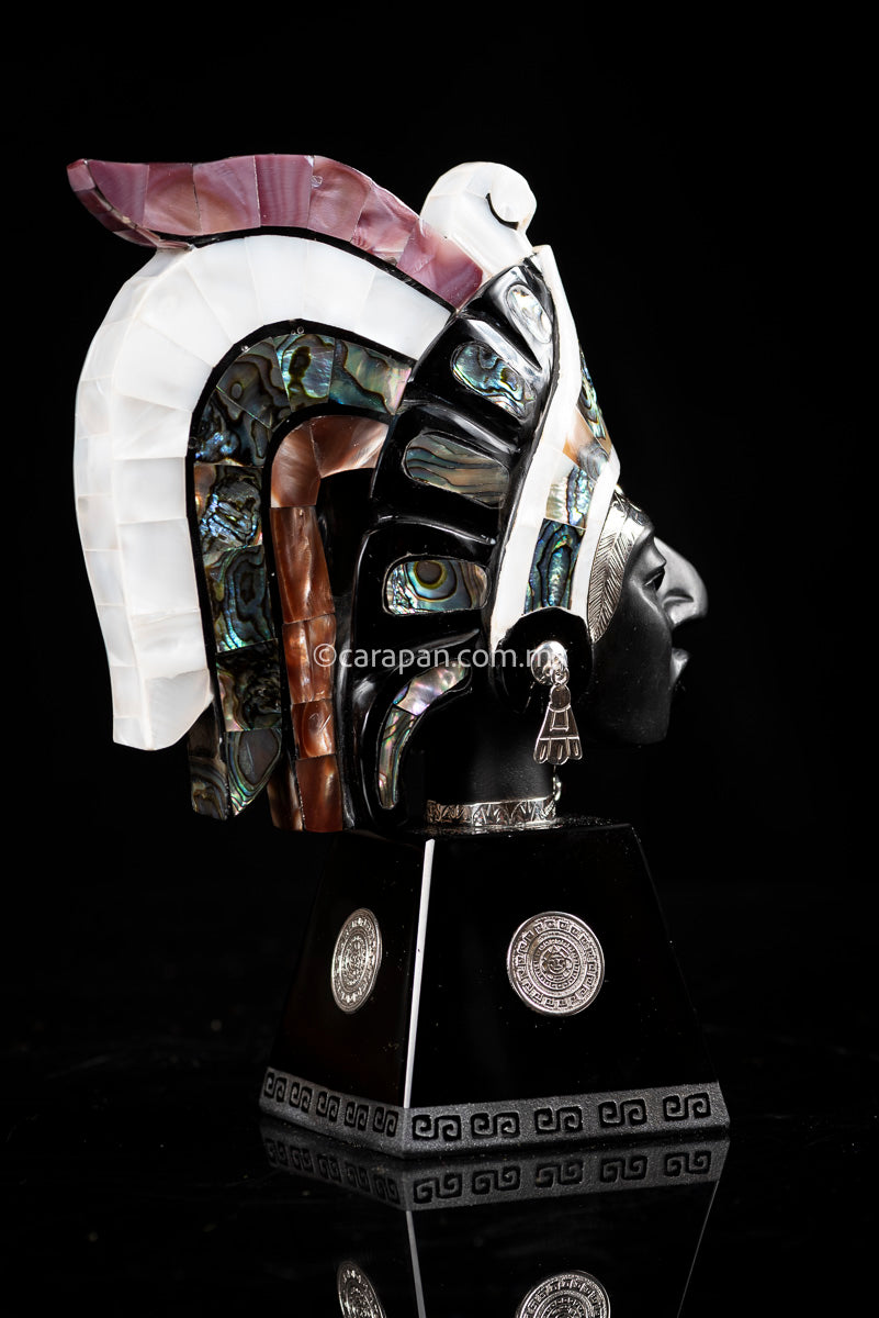 Obsidian Sculpture of Aztec Emperor with Silver & Nacre