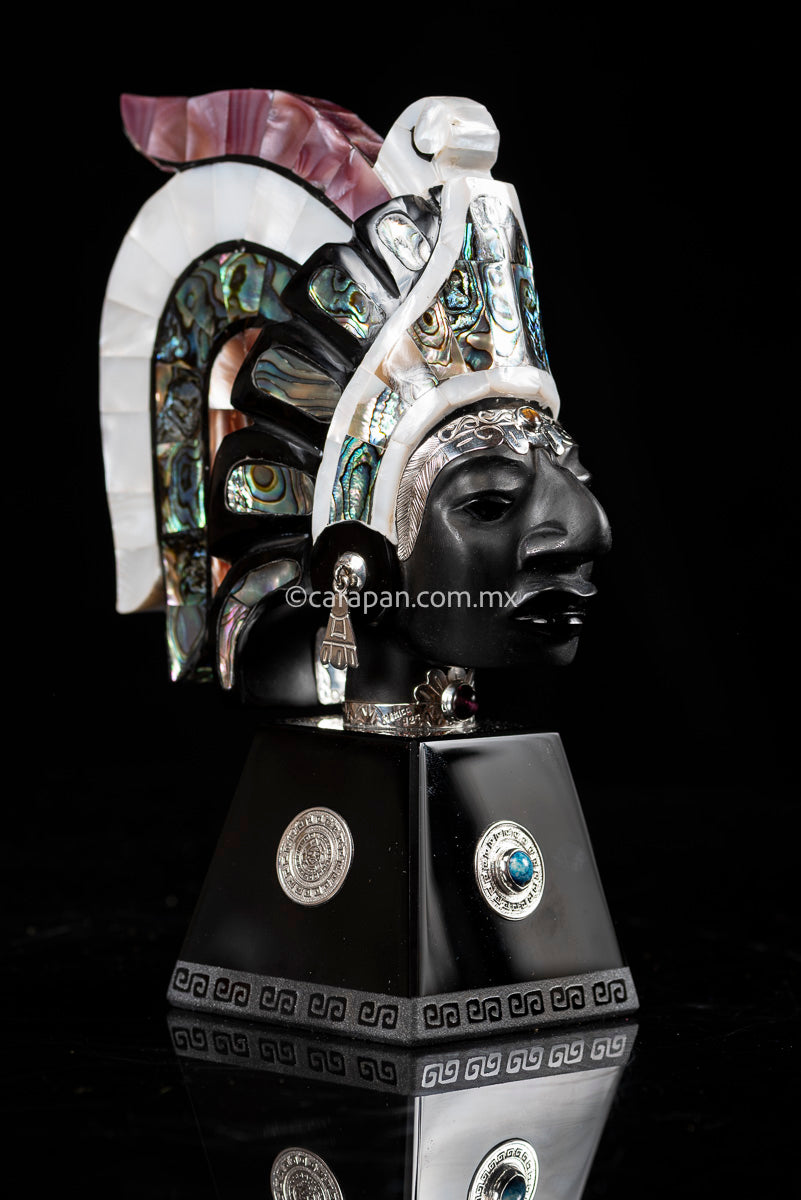 Obsidian Sculpture of Aztec Emperor with Silver & Nacre