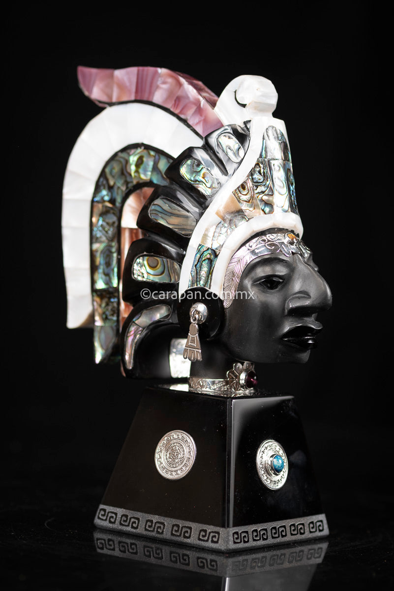 Obsidian Sculpture of Aztec Emperor with Silver & Nacre