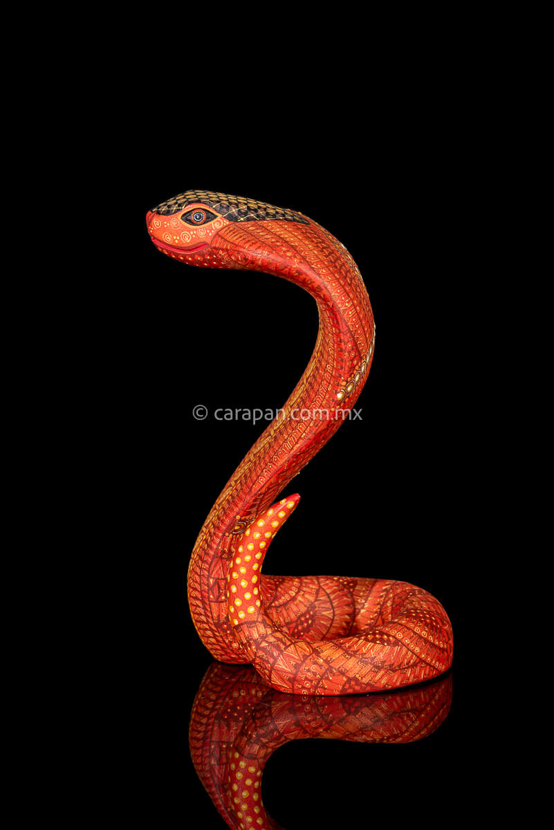 Wooden cobra hand carved from a single block of copal wood in Oaxaca Mexico, decorated with a fine pattern of zapotec symbols in a predominant orange tone