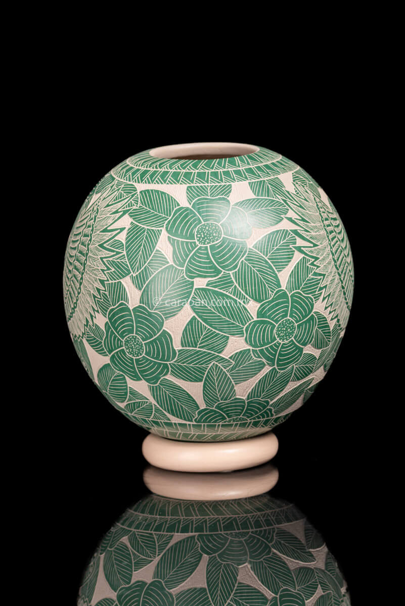 Mata Ortiz  Beige Pot With Teal Owl  Flowers